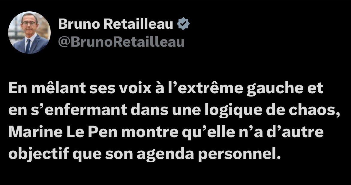 Frontieresmedia's tweet image. « En mêlant ses voix à l’extrême gauche et en s’enfermant dans une logique de chaos, Marine Le Pen montre qu’elle n’a d’autre objectif que son agenda personnel » : le tweet de Bruno Retailleau après l’annonce du dépôt de la motion de censure du gouvernement.