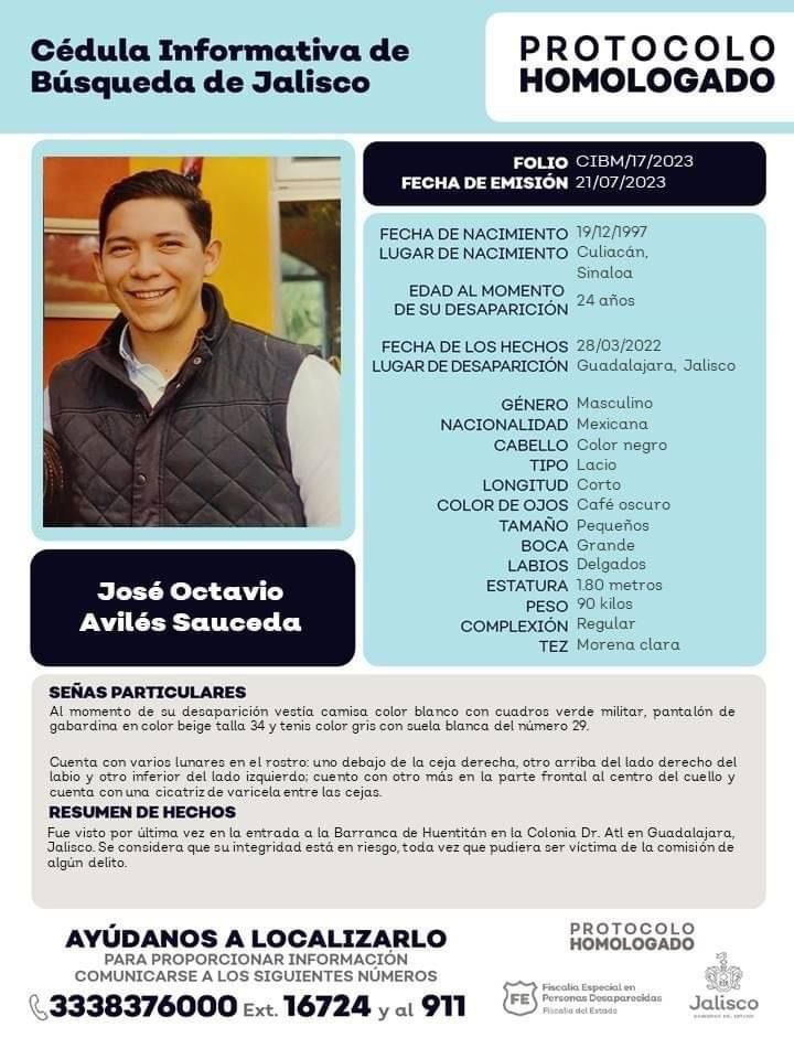 FiscaliaJal's tweet photo. #FEPD si cuentas con algún dato o has visto a JOSÉ OCTAVIO AVILÉS SAUCEDA, de 24 años de edad al momento de su desaparición, escríbenos. Gracias por compartir la información. https://t.co/eFwKmF0RI5