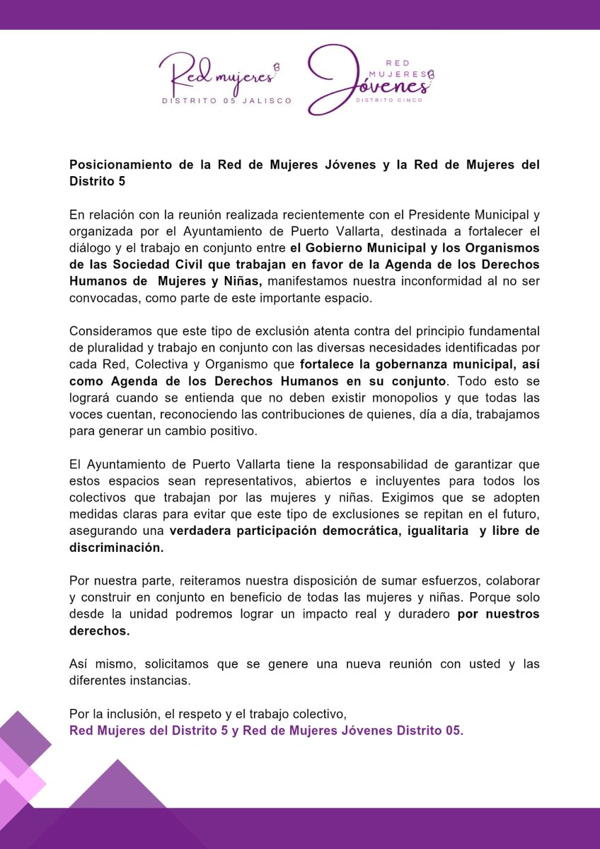 Al Gobierno Municipal de Puerto Vallarta 
A los Medios de Comunicación 
A la Ciudadanía : 
Les compartimos nuestra posición al respecto de la reunión que en días pasados se llevó a cabo. 
#PuertoVallarta #AgendaMujeres #AgendaNiñas  #Igauldad #colectivas #Redes #OSC <a href="/GobVallarta/">Gobierno de Puerto Vallarta</a>