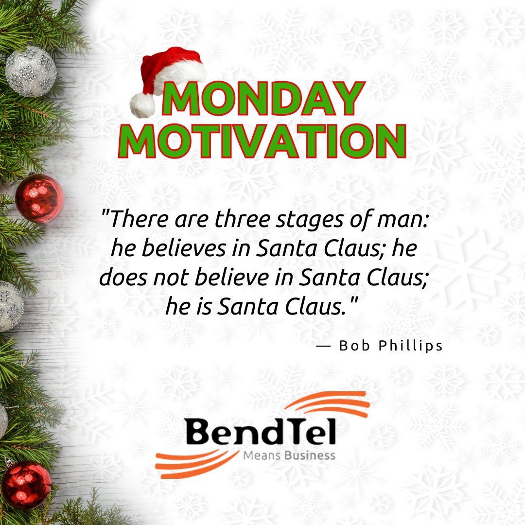 BendTel's tweet image. "There are three stages of man: he believes in Santa Claus; he does not believe in Santa Claus; he is Santa Claus." - Bob Phillips 🎅

Happy holidays from BendTel! 🎄✨

#BeTheChange #BendTel #Transformation #HolidaySpirit #GivingBack