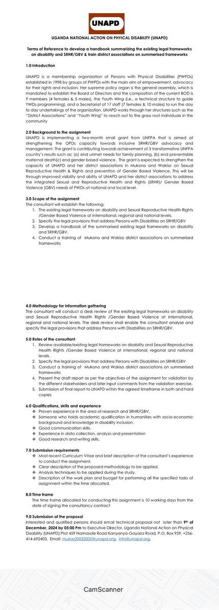 "Opportunity Opportunity"
     
Terms of Reference to develop a handbook summarizing the existing legal frameworks on Disability and SRHR/GBV as well as train our District Associations on the summarised frameworks.