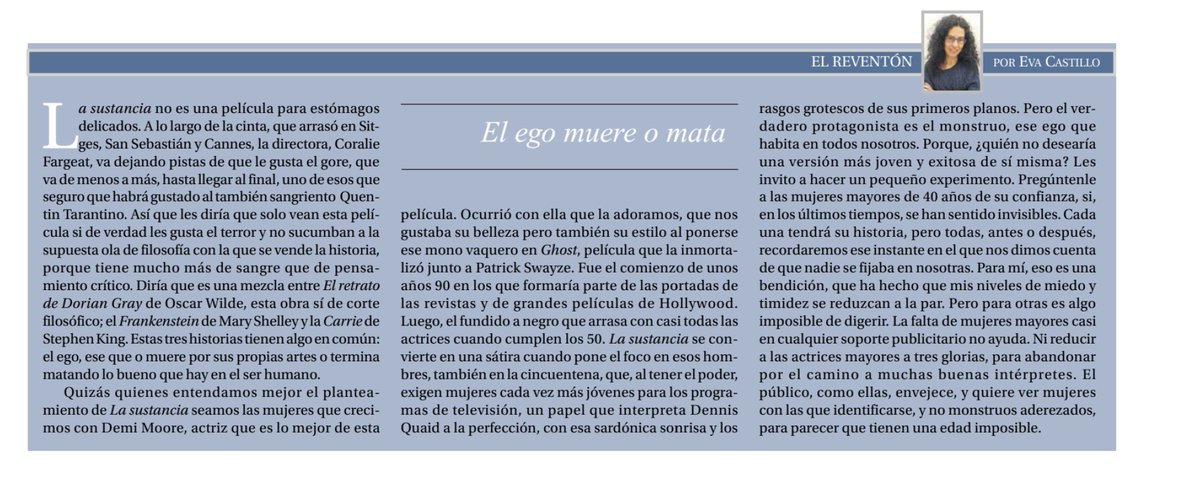 No recomiendo esta película para estómagos sensibles, porque el gore va de menos a más, pero merece la pena disfrutar de la interpretación de Demi Moore y de la sarcástica presencia de Dennis Quaid.  (Publicado en Diario de Avisos, el 30/11/2024). #lasubstancia