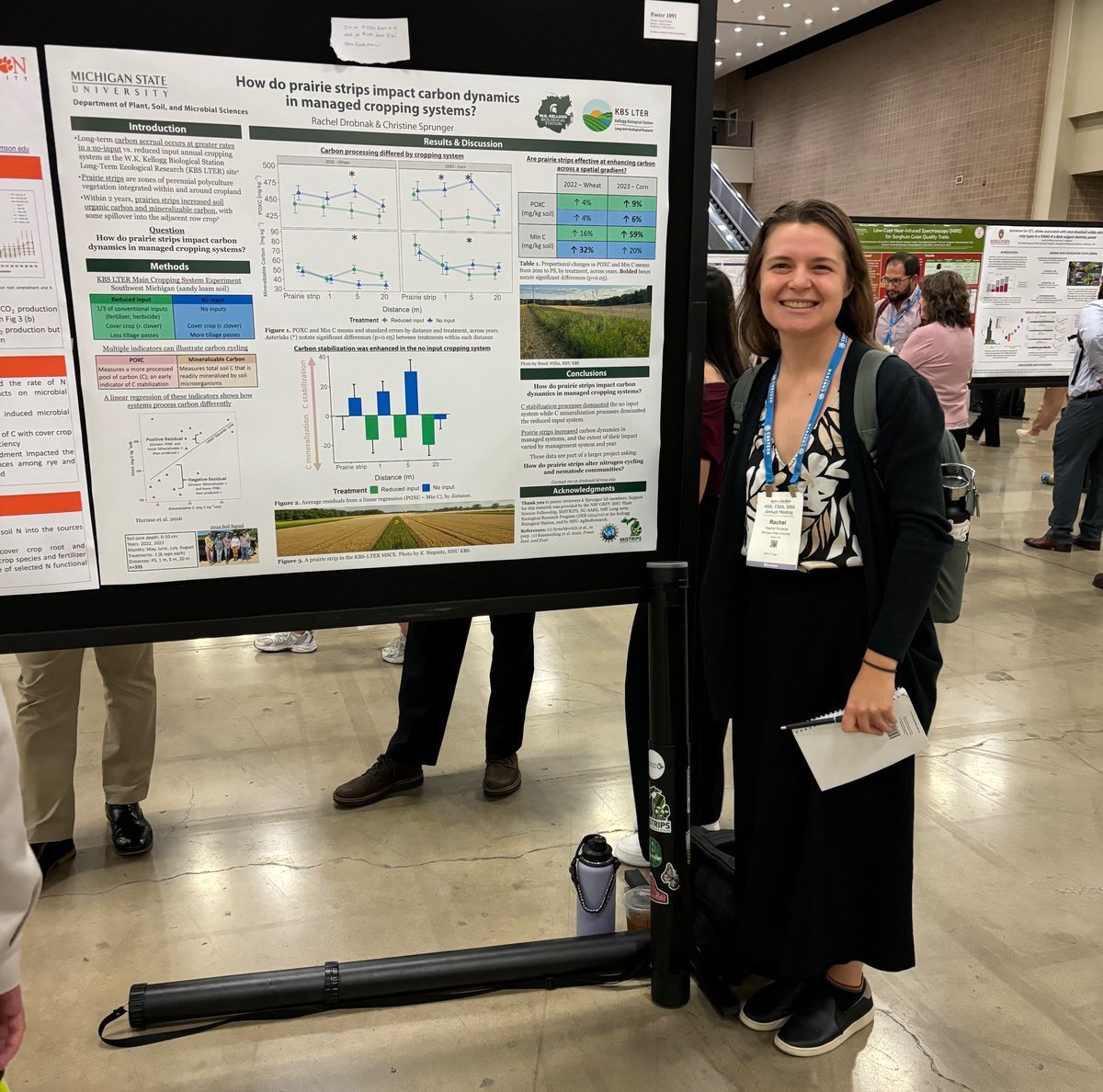 KBSLTER's tweet image. At the 2024 Tri-Societies Meeting in San Antonio, @Sprunger_PhD graduate student, Rachel Drobnak, won 2nd place for both of her posters in their respective sessions (ASA Soil Health + ASA Education & Extension)! Rachel's work focused on #prairiestrips work at the @KBSLTER!