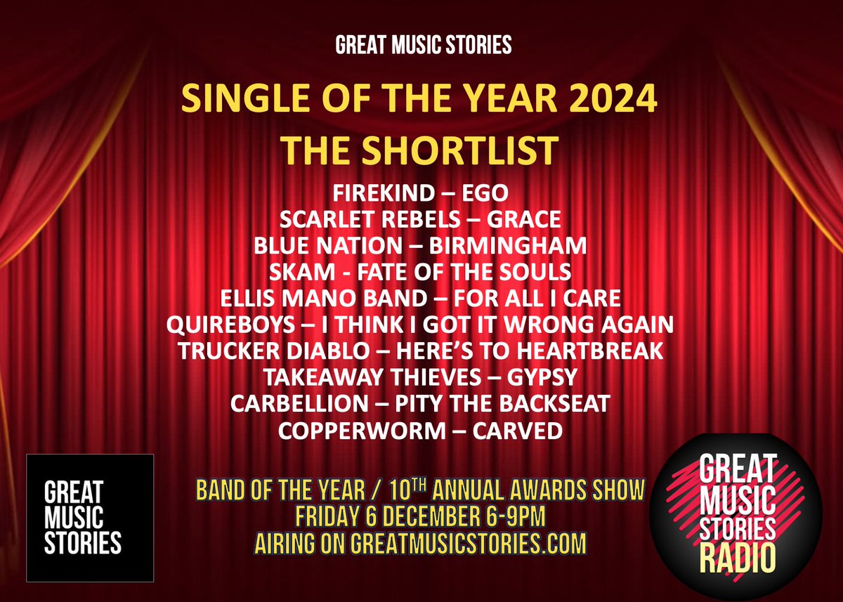 Single of the Year 2024. This year’s shortlist based on requests through the year. Congrats <a href="/FirekindBand/">Firekind</a> <a href="/ScarletRebels/">Scarlet Rebels</a> @bluenationmusic <a href="/SKAM_UK/">SKAM</a> <a href="/ellis_mano_band/">Ellis Mano Band</a> <a href="/quireboysoffic/">Quireboys Official</a> <a href="/truckerdiablo/">truckerdiablo</a> <a href="/TakeawayThieves/">Takeaway Thieves</a> <a href="/carbellion/">Carbellion</a> <a href="/copperwormUK/">Copperworm</a> 
10th Annual Awards show Friday 6pm x