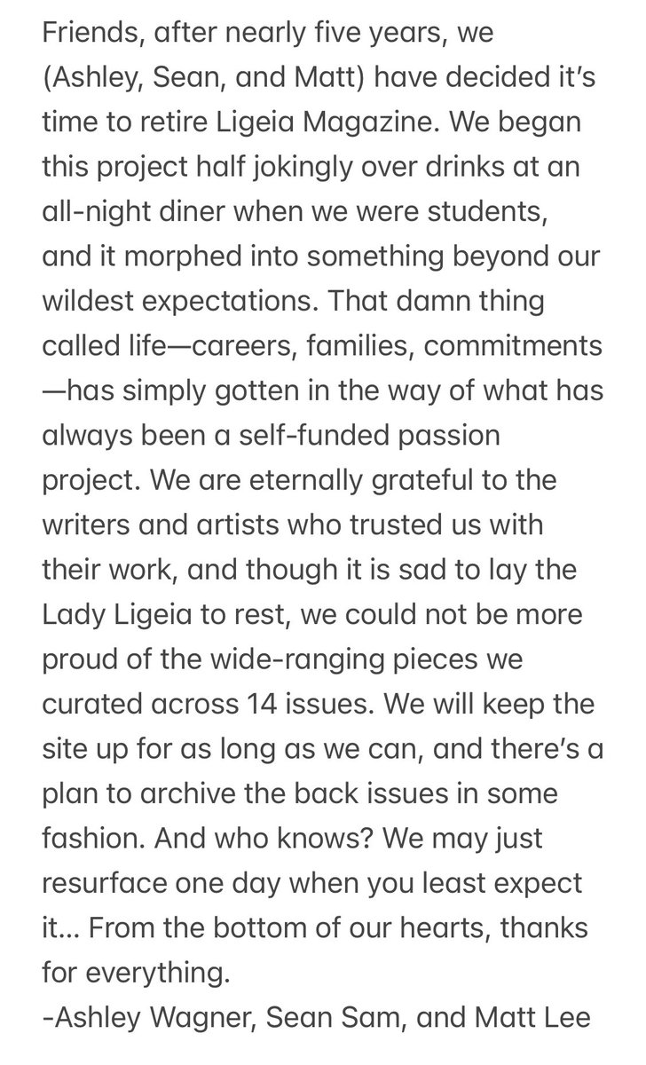 After nearly five years, Ligeia Magazine will be returning to the tomb for a permanent vacation. Thank you to our contributors and readers for an incredible run. Full statement from the editors below.