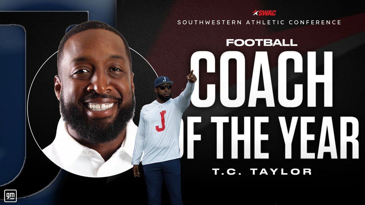 theswac's tweet photo. 𝟐𝟎𝟐𝟒 𝐒𝐖𝐀𝐂 𝐅𝐨𝐨𝐭𝐛𝐚𝐥𝐥 𝐂𝐨𝐚𝐜𝐡 𝐨𝐟 𝐭𝐡𝐞 𝐘𝐞𝐚𝐫 🏈 

Congratulations to Head Coach T.C. Taylor on being named the 2024 SWAC Football Coach of the Year!

@generalmotors

#SWACFB | #BuildingChampionsForLife https://t.co/aM00JF7ByR