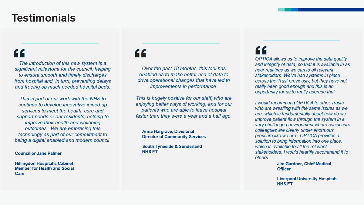 OPTICA_NECS's tweet image. OPTICA Acute is now live in 21 Trusts nationally which forms part of the @NHSEngland #FederatedDataPlatform care coordination use case offer.

Please see how our #DynamicDischarge application is supporting with digital transformation below.  To find out more, contact us 👇