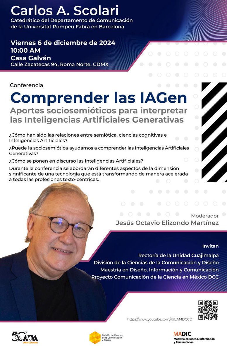 Acompáñennos este viernes para la presentación de: Sobre la evolución de los medios, de <a href="/cscolari/">Carlos A. Scolari</a> .
El próximo 6 de diciembre a las 18 hs. en Casa del tiempo- UAM.
También el viernes a la 10 de la mañana en <a href="/CasaGalvanUAM/">Casa Galván</a> conferencia: Comprender la IAGen.
No se lo pueden perder.