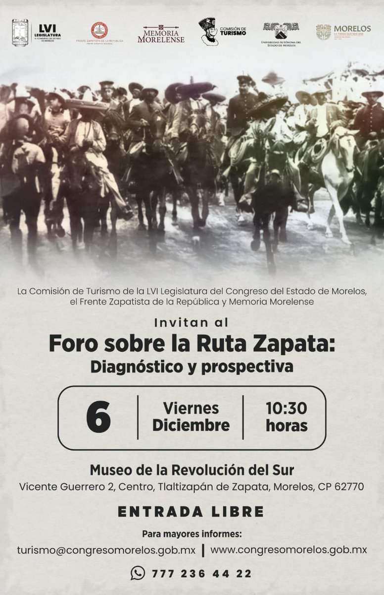 💬 Participa con nosotros en el Foro “La Ruta Zapata: Diagnóstico y Prospectiva.

Analizaremos el presente y futuro de la Ruta Zapata, para preservar su legado histórico, su impacto cultural y consolidarlo como proyecto turístico para Morelos. 

#TuDiputadoAmigo