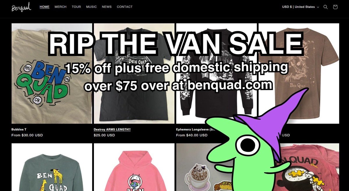 our sale ends today. new designs + discount on EVERYTHING + free shipping over $75. 

our van died last tour. help us afford a new ride situation for the big spring ____________ tour :):):)