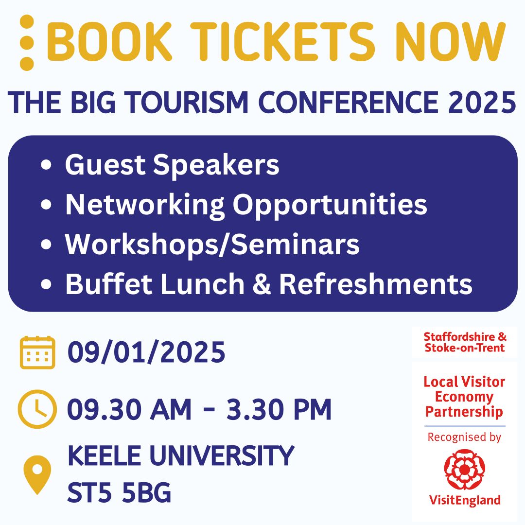 Staffordshire & Stoke-on-Trent LVEP (@enjoystaffsbiz) on Twitter photo The Big Tourism Conference returns on Thurs 9th Jan, with expert speakers including Richard Toomer (<a href="/tourismsvoice/">The Tourism Alliance</a>) and Paul Szomoru (<a href="/VisitEnglandBiz/">VisitEnglandBiz</a>).
Tickets are £40+VAT, which includes lunch and refreshments.
Book now at delegate-reg.co.uk/staffstour25
#Staffordshire The Big Tourism Conference returns on Thurs 9th Jan, with expert speakers including Richard Toomer (<a href="/tourismsvoice/">The Tourism Alliance</a>) and Paul Szomoru (<a href="/VisitEnglandBiz/">VisitEnglandBiz</a>).
Tickets are £40+VAT, which includes lunch and refreshments.
Book now at delegate-reg.co.uk/staffstour25
#Staffordshire