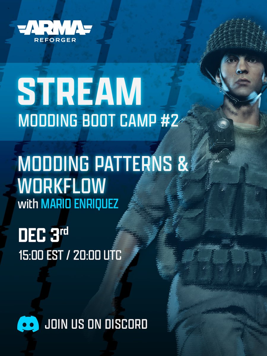 This is a reminder to join us this Tuesday, December 3rd at 2000 UTC for our second Modding Boot Camp!

Modding Supervisor Mario Enriquez will walk you through the modding patterns and workflow. The topic of the stream will be scripting and configuration.

This Modding Boot Camp