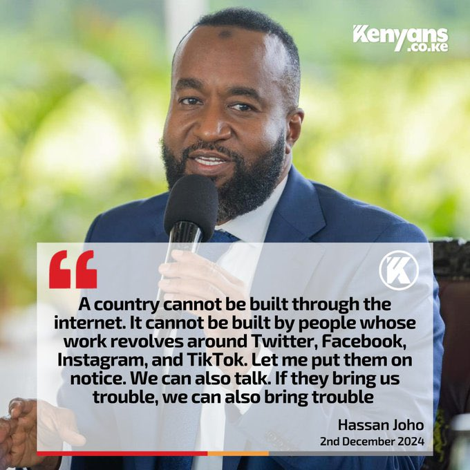 Joho's remarks are so unfortunate.

He forgets that the same people on Twitter, TikTok and Facebook are the ones who made it possible for him to become a CS!

Without June 25th, Joho would never have become the CS.

He should ask John Kiarie and Kimani Ichungwa who had to