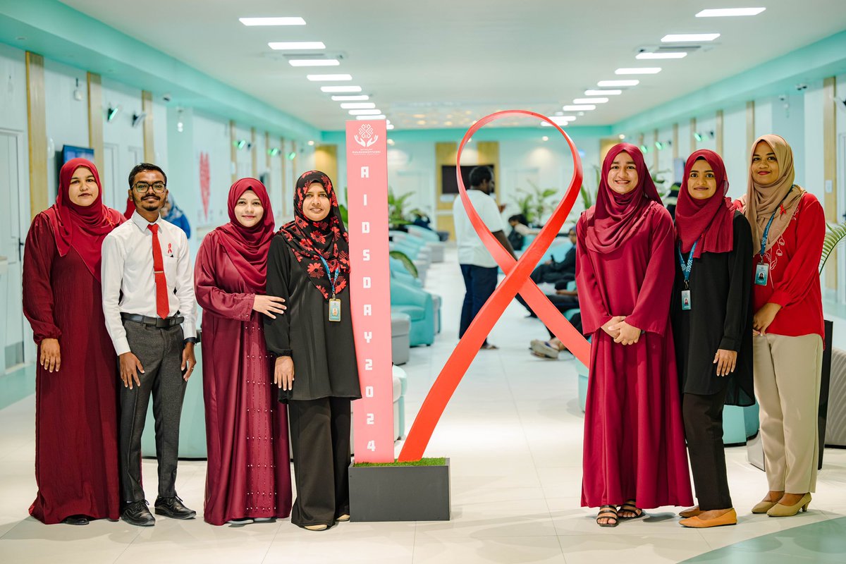 KRHmv's tweet photo. As we work towards eliminating AIDS, advocacy and raising awareness are crucial. On World AIDS Day 2024, our staff members wore red while attending to their duties. This year’s theme, “Take the Rights Path: My Health, My Right!” emphasizes the importance of ensuring everyone has the right to prevention, treatment, and care.

@MoHmv 
@governmentmv 
@presidencymv