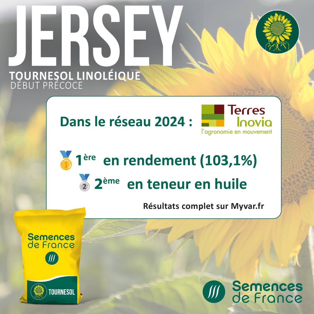 🌻JERSEY, notre tournesol linoléique début précoce avec des atouts solides.
Très bonne tenue face au stress hydrique, excellente tenue de tige, bon comportement maladies et rendement élevé

Un choix robuste et performant pour optimiser vos cultures ! 🌾💪

#Tournesol #Agriculture