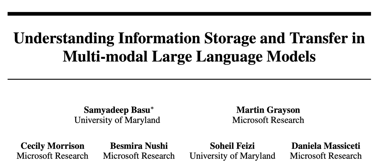 Samyadeep Basu (@basusamyadeep) on Twitter photo Interested in how MLLMs (e.g., LLaVa) process information "mechanistically" for VQA tasks? Checkout our #neurips2024 paper, in which we study this;
tl;dr : LLMs under a visual prompt process info quite differently! <a href="/FeiziSoheil/">Soheil Feizi</a> <a href="/dannimassi/">Daniela Massiceti</a> <a href="/besanushi/">Besmira Nushi 💙💛</a> Interested in how MLLMs (e.g., LLaVa) process information "mechanistically" for VQA tasks? Checkout our #neurips2024 paper, in which we study this;
tl;dr : LLMs under a visual prompt process info quite differently! <a href="/FeiziSoheil/">Soheil Feizi</a> <a href="/dannimassi/">Daniela Massiceti</a> <a href="/besanushi/">Besmira Nushi 💙💛</a>