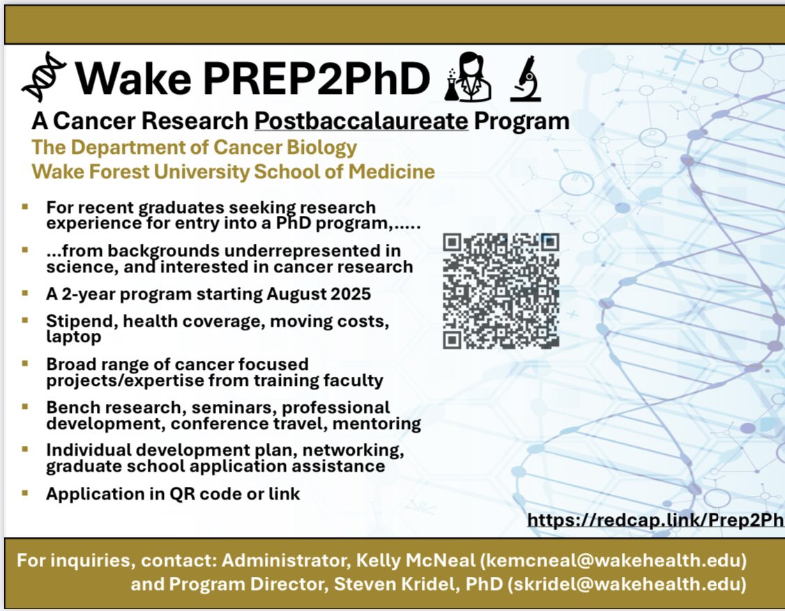 Wake PREP2PhD- a #postbaccalaureate program in #CancerBiology at <a href="/wakeforestmed/">Wake Forest University School of Medicine</a> <a href="/WakeCancer/">Wake Forest Baptist - Comprehensive Cancer Center</a>. 2 year paid training to prepare for entry into a #gradschool #PhD program. Application: redcap.link/Prep2PhD. Email/DM for inquiries. #postbac #CancerResearch #diversityinSTEM
🐪🏙️🦀🧬