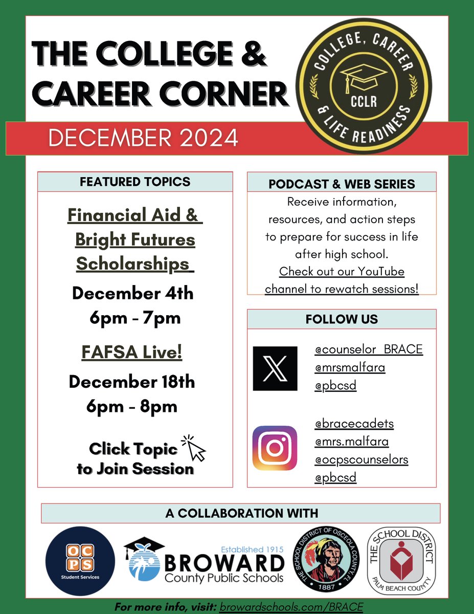🎓 December College &amp; Career Corner!
📅 Dec 4, 6–7 PM: Financial Aid &amp; Bright Futures
📅 Dec 18, 6–8 PM: FAFSA Live!
Go to browardschools.com/Page/43887 for links. 🔗 browardschools.com/BRACE YouTube:youtube.com/@thecollegecar…
#CollegeReady #FAFSA 🏫🎯