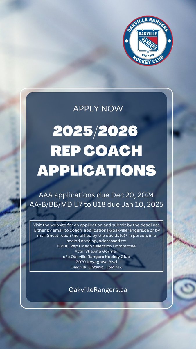 2025/26 Oakville Rangers Rep Coach Applications Now Open! Applications for the 2025/26 Rep Coaches are now being accepted!
Deadlines:
AAA (U10–U18): Friday, December 20, 2024 @ 5:00 PM
AA-B/BB/MD (U7–U18): Friday, January 10, 2025 @ 5:00 PM
For more details, visit our website!