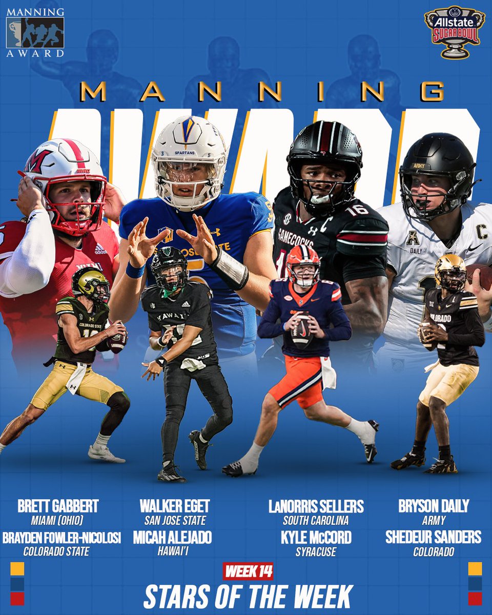⭐  Week 1️⃣4️⃣ #ManningAward Stars of the Week!

Vote for the QB you think had the best performance this weekend!

⬇️  VOTE HERE!
allstatesugarbowl.org/news/2024/12/2…