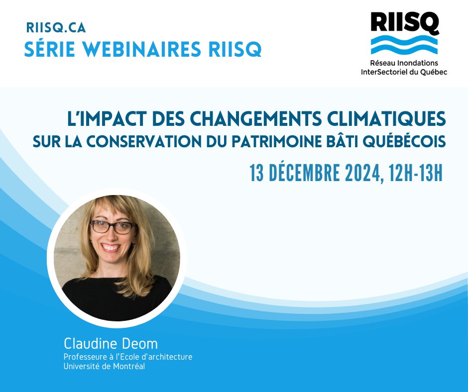 Réseau inondations intersectoriel du Québec (@riisquebec) on Twitter photo Claudine Déom, professeure à l’École d’architecture de l’Université de Montréal parlera de l’impact des changements climatiques sur la conservation du patrimoine bâti québécois au prochain webinaire <a href="/RIISQuebec/">Réseau inondations intersectoriel du Québec</a> le 13 déc. 2024. INSCRIPTIONS: uqam.zoom.us/meeting/regist… Claudine Déom, professeure à l’École d’architecture de l’Université de Montréal parlera de l’impact des changements climatiques sur la conservation du patrimoine bâti québécois au prochain webinaire <a href="/RIISQuebec/">Réseau inondations intersectoriel du Québec</a> le 13 déc. 2024. INSCRIPTIONS: uqam.zoom.us/meeting/regist…