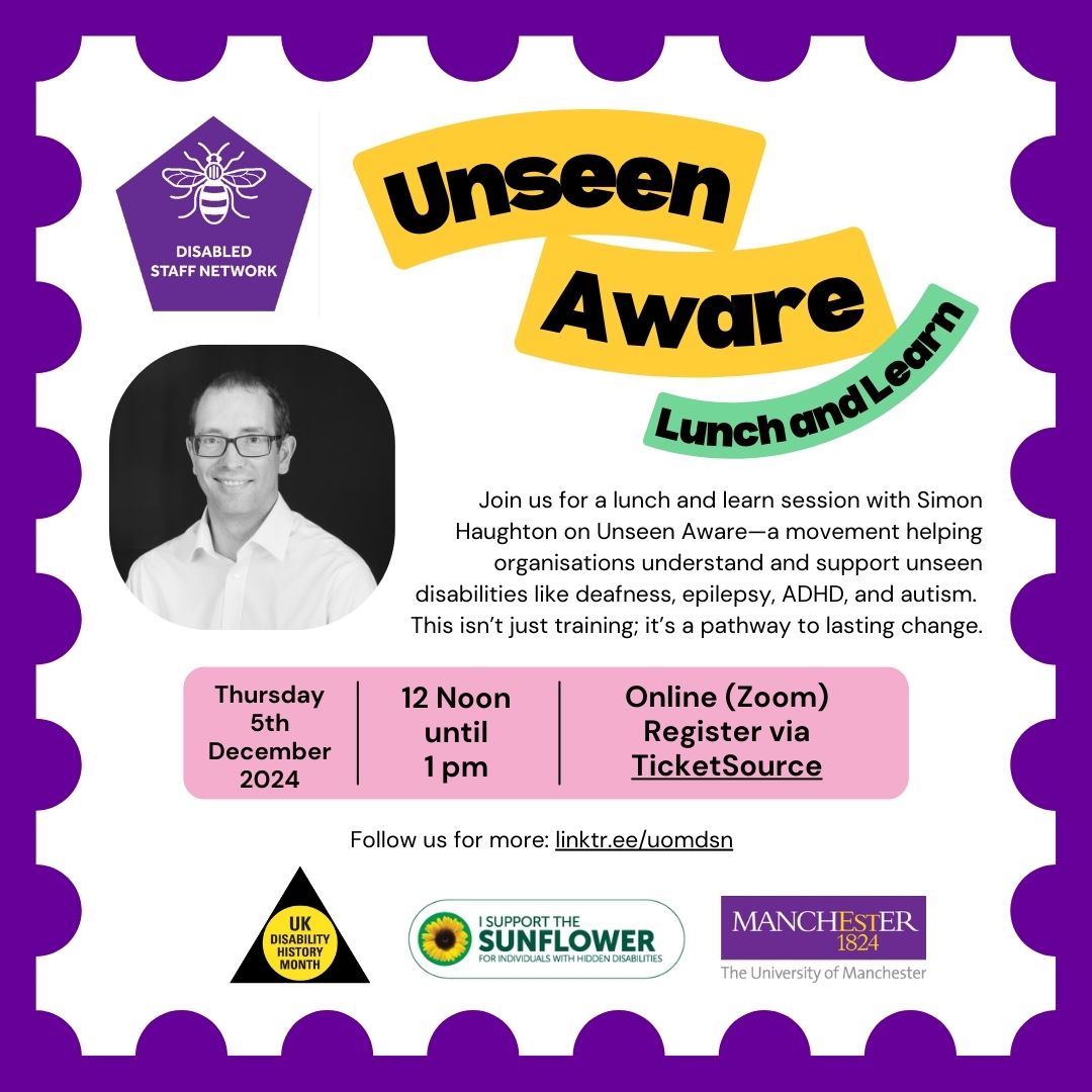 UoM DSNetwork (@uomdsn) on Twitter photo ๐ Lunch & Learn: Unseen Aware with <a href="/SimonHoughton16/">SimonHoughton</a>
๐
Thu 5 Dec, 2024 | 12:00 PM Online
Learn how to support colleagues with hidden disabilities like autism, ADHD, and hearing loss. Become an #Ally.
๐ฒ Register via TicketSource for Zoom details!
ticketsource.co.uk/disabled-staffโฆ ๐ Lunch & Learn: Unseen Aware with <a href="/SimonHoughton16/">SimonHoughton</a>
๐
Thu 5 Dec, 2024 | 12:00 PM Online
Learn how to support colleagues with hidden disabilities like autism, ADHD, and hearing loss. Become an #Ally.
๐ฒ Register via TicketSource for Zoom details!
ticketsource.co.uk/disabled-staffโฆ