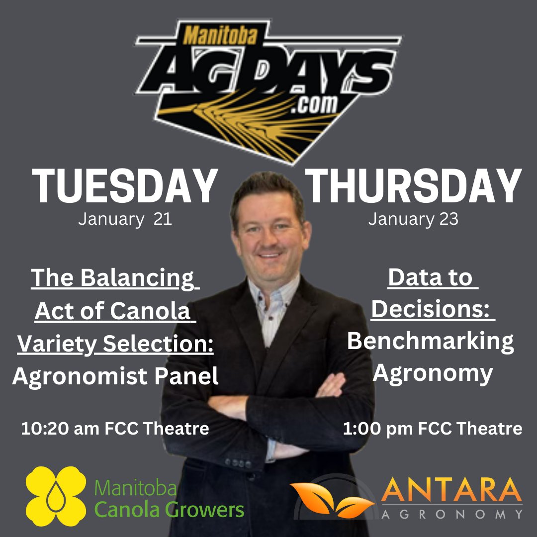 Heading out to <a href="/MBAgDays/">Manitoba Ag Days</a>  this year? 
Looking forward to seeing you there!

🌱Tuesday: The Balancing Act of Canola Varity Selection: Agronomist Panel with the Manitoba Canola Growers
10:20am - FCC Theatre

📈Thursday: Data to Decisions: Benchmarking Agronomy
1:00 pm - FCC Theatre