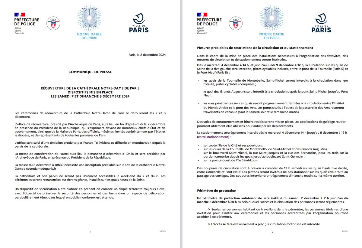 prefpolice's tweet photo. #NotreDame | Dans le cadre des cérémonies de réouverture de Notre-Dame de Paris, les 7 et 8 décembre, un dispositif de sécurisation est mis en place.

Consultez notre communiqué de presse ⤵️ https://t.co/G8m4QY2y6E