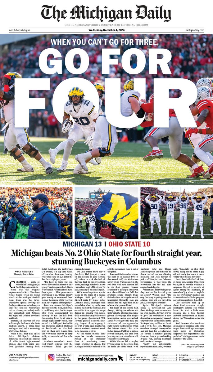 Michigan Daily Sports (@theblockm) on Twitter photo In a stunning upset, a depleted @umichfootball shocked <a href="/OhioStateFB/">Ohio State Football</a> to beat the Buckeyes on their own turf.
This week’s front cover: When You Can’t Go For Three, Go For Four. In a stunning upset, a depleted @umichfootball shocked <a href="/OhioStateFB/">Ohio State Football</a> to beat the Buckeyes on their own turf.
This week’s front cover: When You Can’t Go For Three, Go For Four.