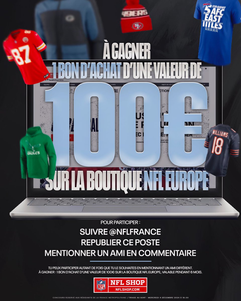 🛒 JEU CONCOURS NFL Shop !

À l’occasion du Cyber Monday, nous vous offrons 1 bon d’achat de 100€ à utiliser sur le NFL Shop Europe !

Pour participer:
• Suivre <a href="/NFLFrance/">NFL France</a> 
• RT cette publication
• Mentionner un ou une ami
