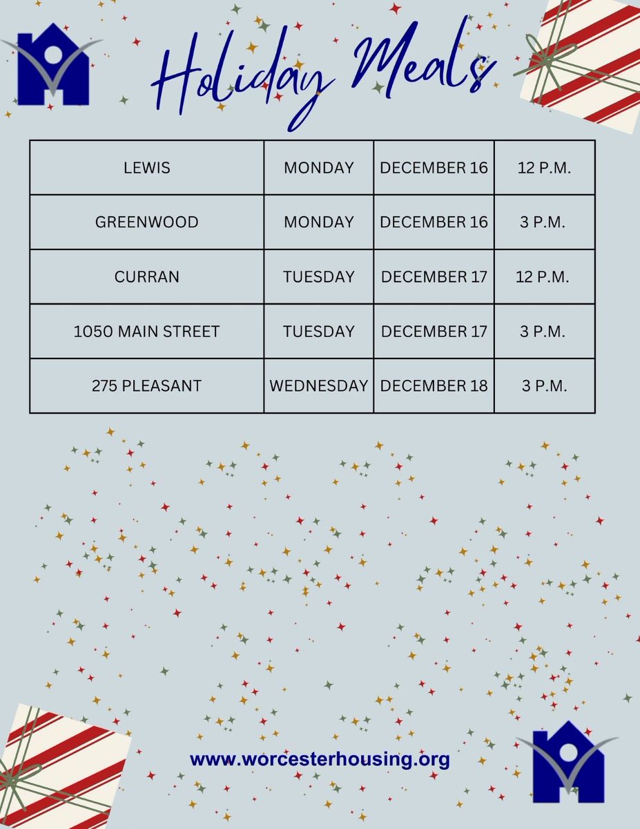 The Worcester Housing Authority (@whauthority) on Twitter photo MEALTIME! It's that time of year and the WHA is excited to serve up #holiday meals to residents. Be sure to check holiday  schedule for the meal at your residence! We kick it all off today, December 2, at Mayside Apartments. Meal is served at 3 p.m. #community #WHA #food MEALTIME! It's that time of year and the WHA is excited to serve up #holiday meals to residents. Be sure to check holiday  schedule for the meal at your residence! We kick it all off today, December 2, at Mayside Apartments. Meal is served at 3 p.m. #community #WHA #food