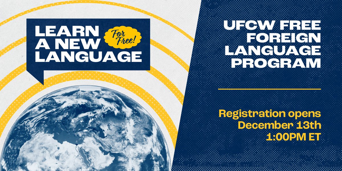 Applications for the Winter quarter of UFCW's Free Foreign Language Program will open on December 13th at 1pm ET.   

Be sure to make your calendar, as enrollment is on a first come, first serve basis!  

Learn more: bit.ly/3FBvRSn