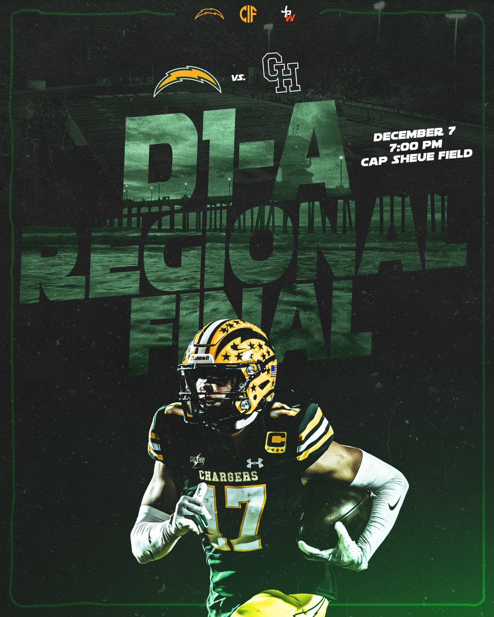 It’s official, back at Cap Sheue Field for the D1-A Regional Final

🆚 Granite Hills
🗓️ THIS SATURDAY 12/7
⌚️ 7PM
📺 Spectrum SportsNet

#proudtobeacharger