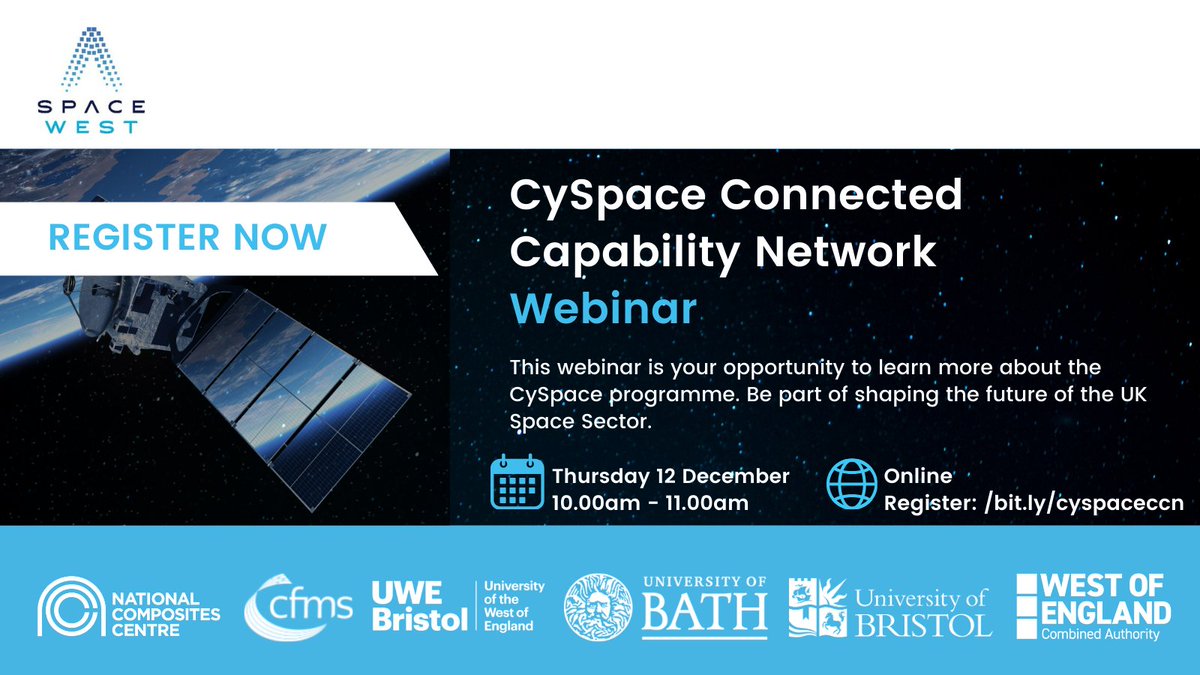 💻Join the CySpace Connected Capability Network webinar on 12 Dec, 10am – 11am. Join to learn about the programme, share insights, &amp; help shape the UK Space Sector.

Register to attend: bit.ly/cyspaceccn   

Learn more about CySpace: bit.ly/3TR7bfS 

#CySpaceCCN