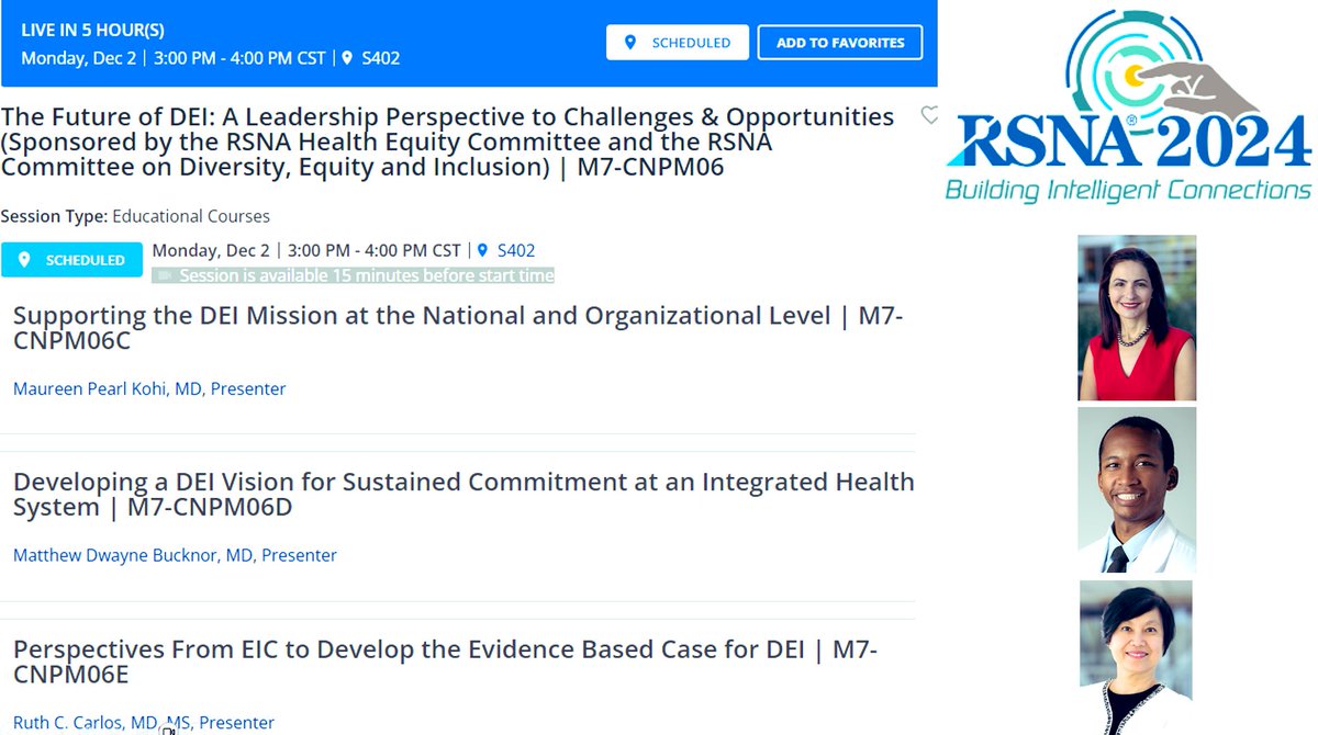 EJFloresMD's tweet photo. Looking forward to joining this session on the “Future of DEI: Challenges &amp; Opportunities” co-sponsored by @RSNA #HealthEquity &amp; #Diversity&amp;Inclusion committee. Join @ruthcarlosmd @MaureenKohi &amp; Mathew Bucknor @UCSFHospitals virtually or in-person today at 3pm CST. #RSNA24 https://t.co/aIeLUJrQ1y