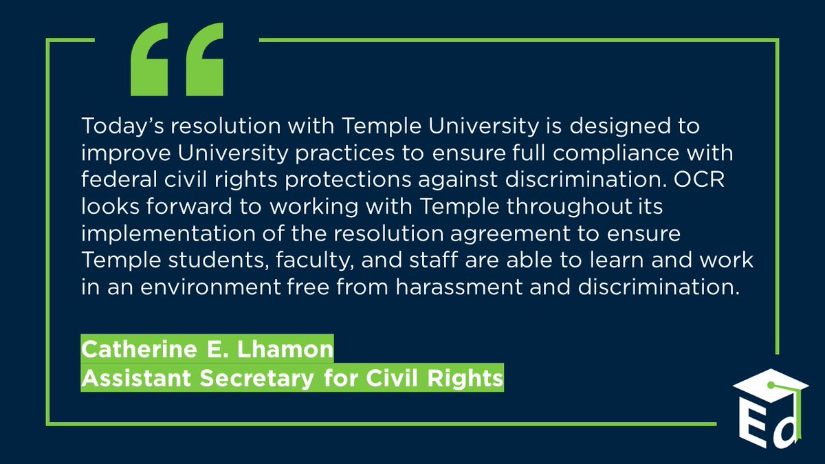 Today, OCR announced a resolution agreement with Temple University to ensure compliance with Title VI of the Civil Rights Act of 1964 in addressing shared ancestry discrimination including antisemitic, anti-Muslim, and anti-Arab harassment

🔗ed.gov/about/news/pre…