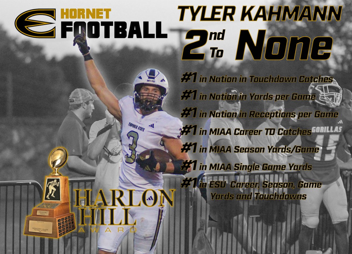ESU Athletics (@esusports) on Twitter photo Harlon Hill Nominee Tyler Kahmann of <a href="/esuhornetsfb/">ESU Hornet Football</a> is Second to None:
#⃣1⃣ in D2 in Touchdown Receptions, Receiving Yards per Game & Receptions Per Game.
#⃣1⃣ in MIAA history in Career TD catches, single season yards per game & single game receiving yards. Harlon Hill Nominee Tyler Kahmann of <a href="/esuhornetsfb/">ESU Hornet Football</a> is Second to None:
#⃣1⃣ in D2 in Touchdown Receptions, Receiving Yards per Game & Receptions Per Game.
#⃣1⃣ in MIAA history in Career TD catches, single season yards per game & single game receiving yards.