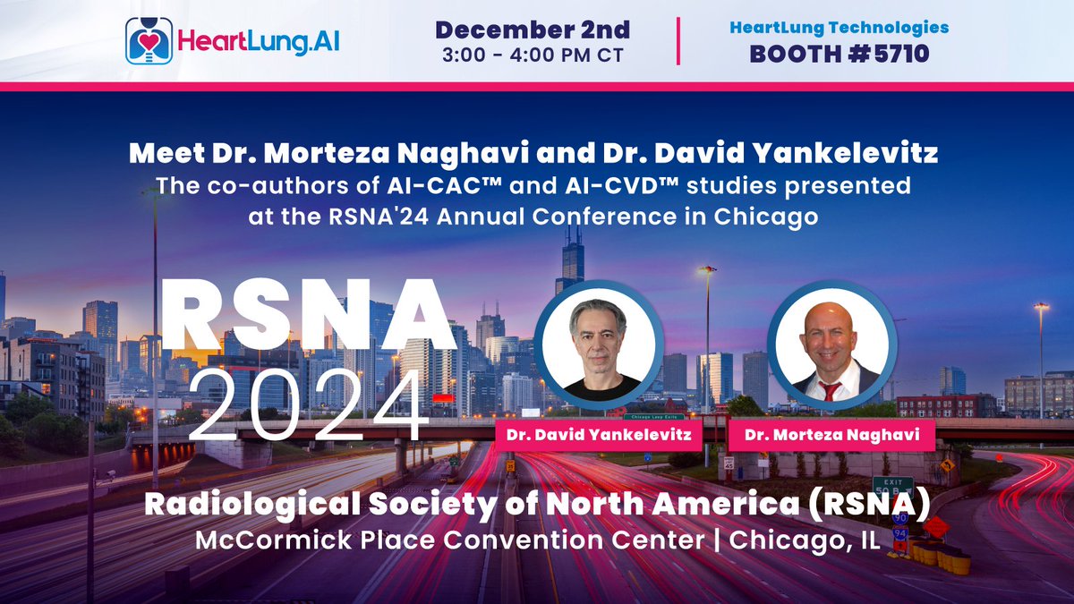 🚨⚕️🫀 HeartLung Technologies is presenting Four Scientific Research Studies on AI-CAC™, AutoBMD™, and AI-CVD™ at the 2024 Radiological Society of North America (RSNA 2024).

HeartLung is the only AI company that is participating in RSNA 2024 both as a scientific presenter of
