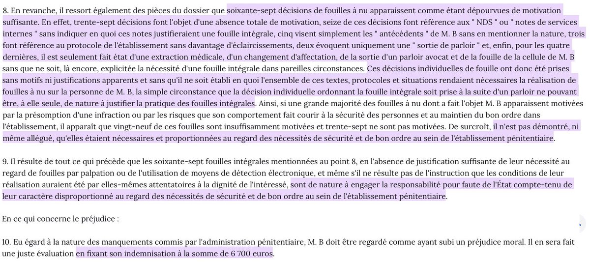 Dignité des détenus : Infliger à un même détenu pas moins de 67 (!) « fouilles intégrales » injustifiées est fautif.

L’Etat est condamné à lui verser 6 700 €.

Ce qui revient à… 100 € par fouille à nu illégale (selon un discutable forfait fixe).

=&gt; bit.ly/3AYqhuh