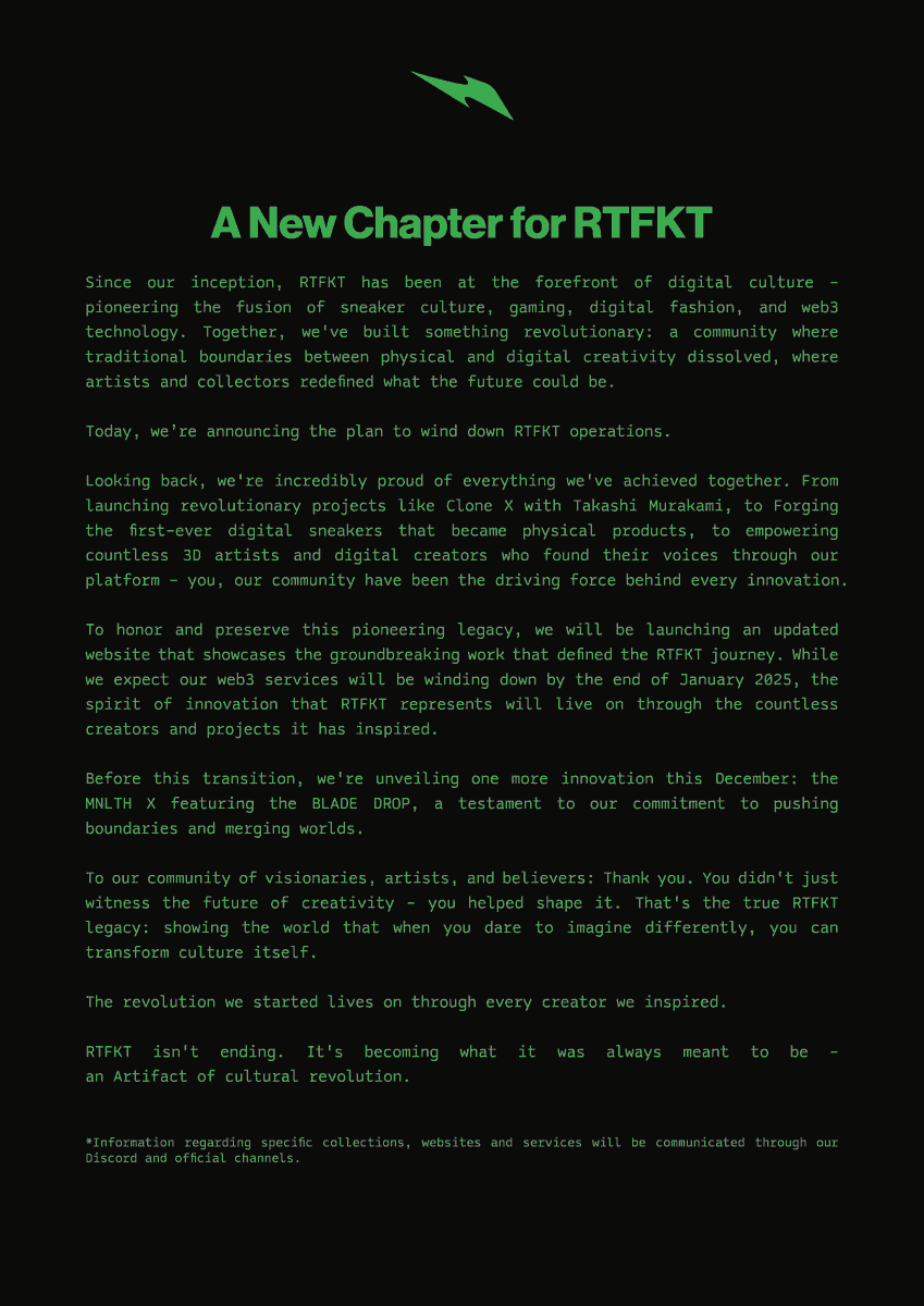I rejected a 120 ETH offer for this in 2021. Today, RTFKT shut down operations.

"RTFKT isn't ending. It's becoming what it was always meant to be - an Artifact of cultural revolution."

RIP but also new pasta just dropped.