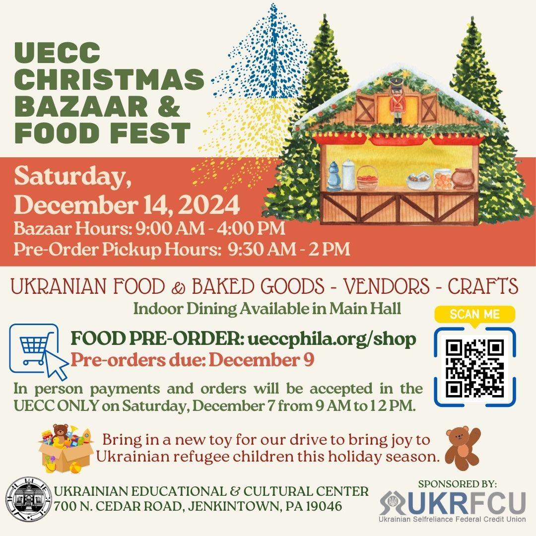 Ukrainian Christmas Bazaar in Jenkintown, PA. Ukr. Food, Baked Goods, Vendors, Crafts.  You can Pre-order your food for pick up - Pre-orders due by Dec. 9. Info below. Bazaar date Sat. Dec. 14.