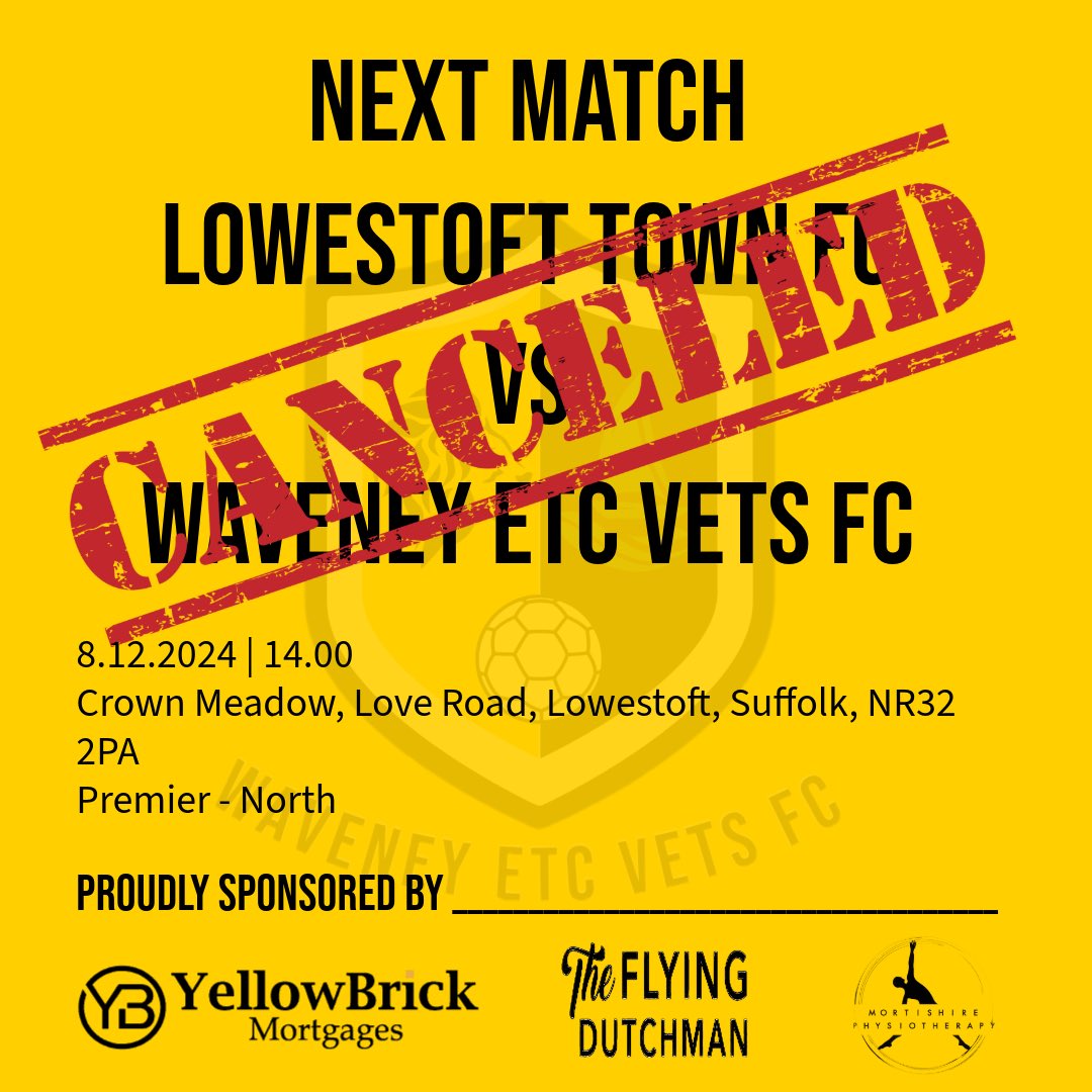 🚨 BREAKING NEWS 🚨

The League have agreed to the request from Lowestoft Town FC to rearrange this fixture.

Further information will be relayed when we have a date for our visit to the Fosters Solicitors Community Stadium.