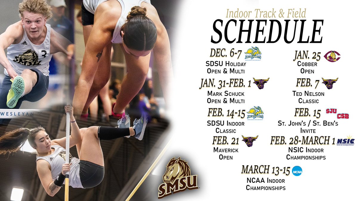 The indoor schedule is here! <a href="/SMSUMustangs/">SMSU Athletics</a>