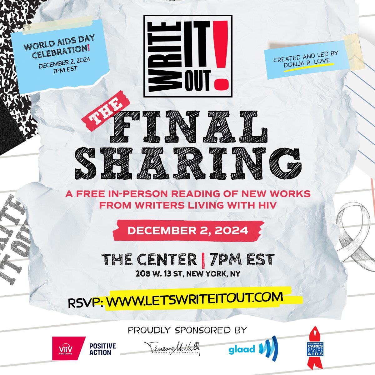 Our one and only Donja R. Love’s (Writing Fellow 2016/17) groundbreaking playwriting program is presenting its final in-person sharing tonight at 7 PM. Don’t miss it—RSVP now at letswriteitout.com!