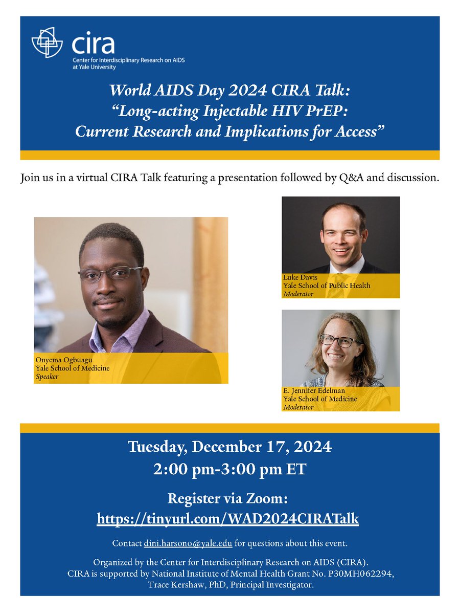 CIRA at Yale Univ. (@ciraatyale) on Twitter photo In recognition of #WorldAIDSDay, CIRA will host a virtual talk by <a href="/DrOnyemaOgbuagu/">Onyema Ogbuagu</a> (<a href="/YaleMed/">Yale School of Medicine</a>) that will highlight current research on long-acting injectable #HIV #PrEP and a discussion on implications for access to promote HIV equity. In recognition of #WorldAIDSDay, CIRA will host a virtual talk by <a href="/DrOnyemaOgbuagu/">Onyema Ogbuagu</a> (<a href="/YaleMed/">Yale School of Medicine</a>) that will highlight current research on long-acting injectable #HIV #PrEP and a discussion on implications for access to promote HIV equity.