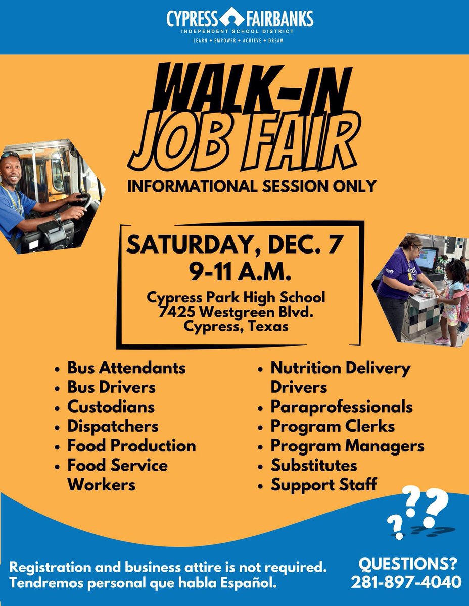 Melissa Lester (@cfisdmelissa) on Twitter photo It’s Job Fair week in <a href="/CyFairISD/">Cypress-Fairbanks ISD</a> for our ancillary departments! We are preparing to meet YOU! Brush up those resumes, dust off your best interview outfit and get to <a href="/CypressParkHS/">Cypress Park HS</a> on December 7th from 9-11 so <a href="/CFISDCOMMPROG/">CFISD COMMUNITY PROGRAMS</a> can show you your #PathToAmazing! See you there! It’s Job Fair week in <a href="/CyFairISD/">Cypress-Fairbanks ISD</a> for our ancillary departments! We are preparing to meet YOU! Brush up those resumes, dust off your best interview outfit and get to <a href="/CypressParkHS/">Cypress Park HS</a> on December 7th from 9-11 so <a href="/CFISDCOMMPROG/">CFISD COMMUNITY PROGRAMS</a> can show you your #PathToAmazing! See you there!