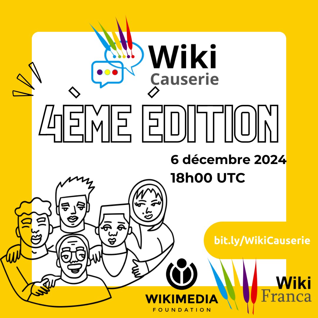WikiFranca (@wikifranca) on Twitter photo La #WikiCauserie revient !
RDV le 6 décembre 2024 à 18h UTC pour une édition spéciale fin d'année. Venez échanger et célébrer avec nous !
👉 bit.ly/WikiCauserie4
#WikiFranca #Francophonie #Wikimedia La #WikiCauserie revient !
RDV le 6 décembre 2024 à 18h UTC pour une édition spéciale fin d'année. Venez échanger et célébrer avec nous !
👉 bit.ly/WikiCauserie4
#WikiFranca #Francophonie #Wikimedia