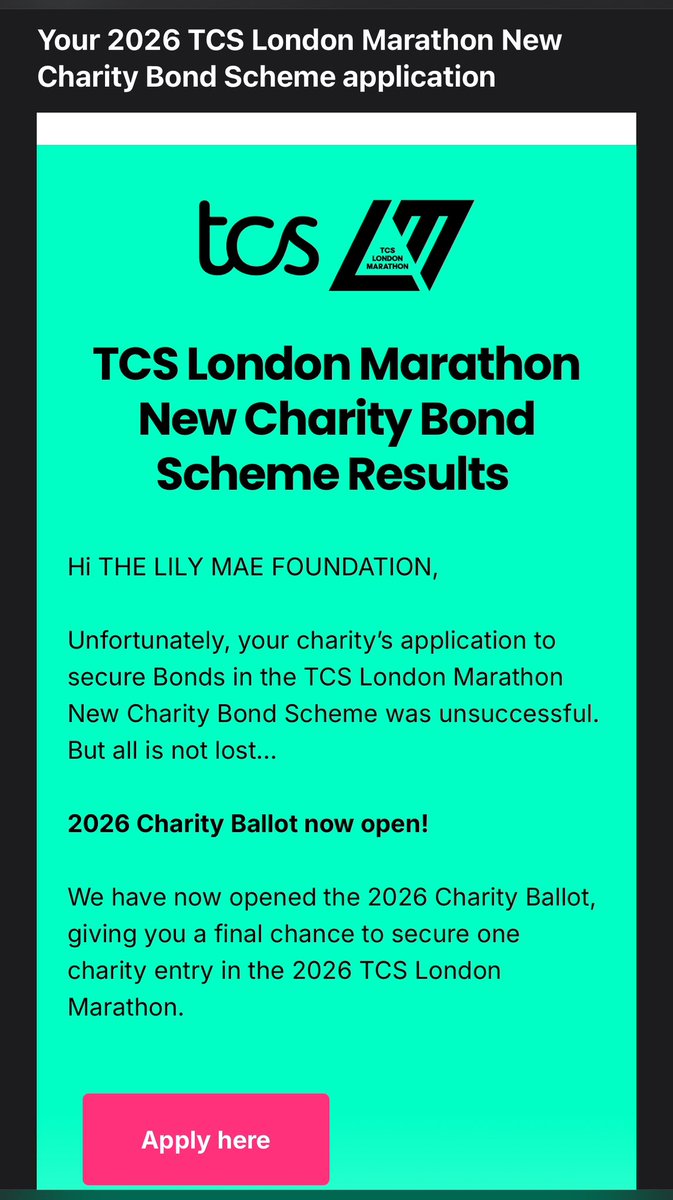 Lily Mae Foundation (@lilymae_uk) on Twitter photo 14 years we have been trying to get places for <a href="/LondonMarathon/">TCS London Marathon</a>
Only ever had 1 place through a ballot in 2017.
This email received today does not surprise us in the slightest! As long as the big National Charities have hundreds of places, smaller charities will not get any! 14 years we have been trying to get places for <a href="/LondonMarathon/">TCS London Marathon</a>
Only ever had 1 place through a ballot in 2017.
This email received today does not surprise us in the slightest! As long as the big National Charities have hundreds of places, smaller charities will not get any!
