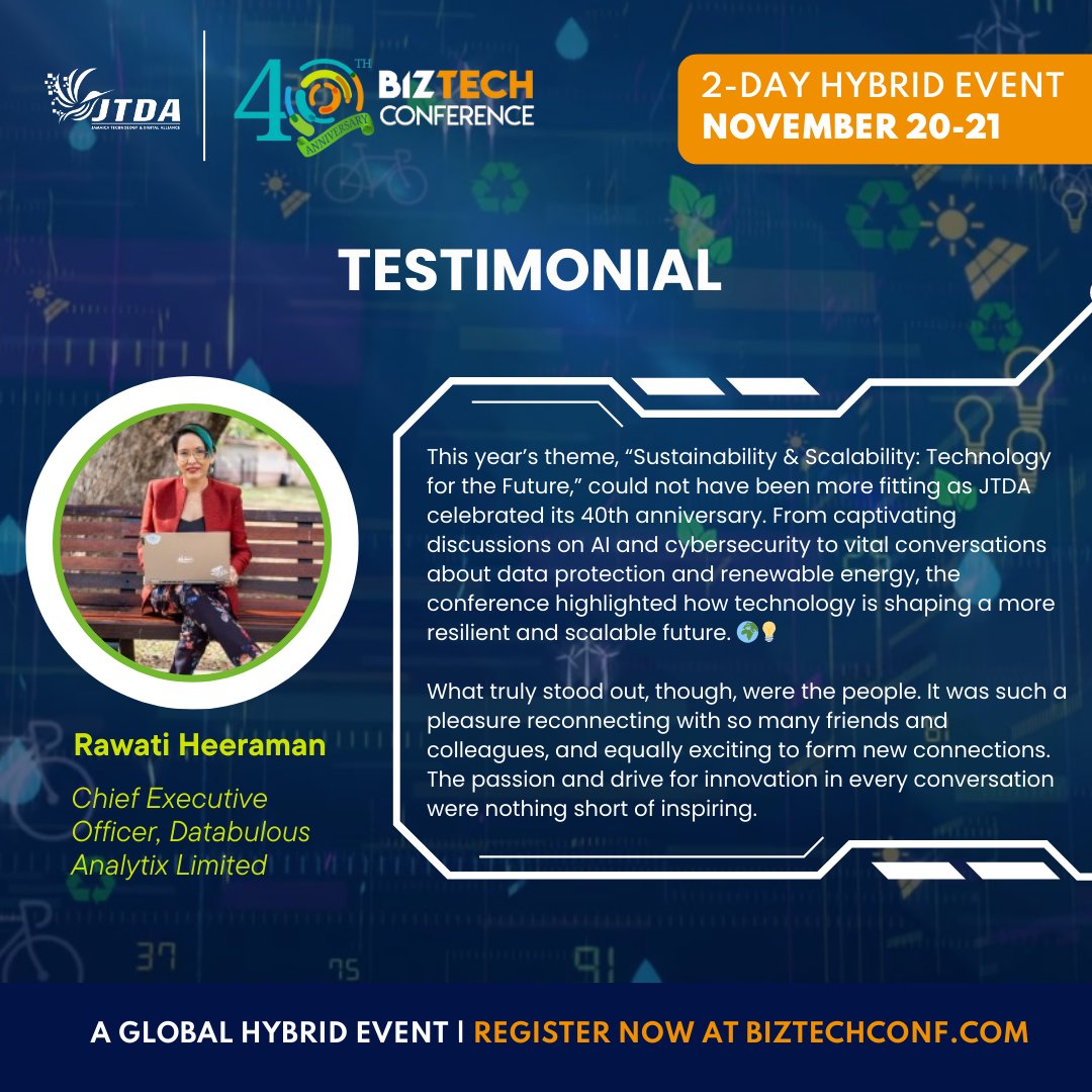 Rawati Heeraman, CEO of Databulous Analytix Limited shares her #BizTech2024 experience. 

#JTDA #BizTech2024 #TechFusion #Innovation