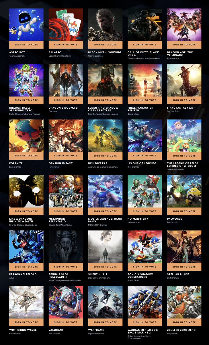 thegameawards's tweet image. Now it's time for the community to 100% pick the winner of #TheGameAwards: Players' Voice Award, the people's award.

Here are your 30 nominees.

Lock in your top 10 picks now thorugh Wed at bit.ly/tgaplayers